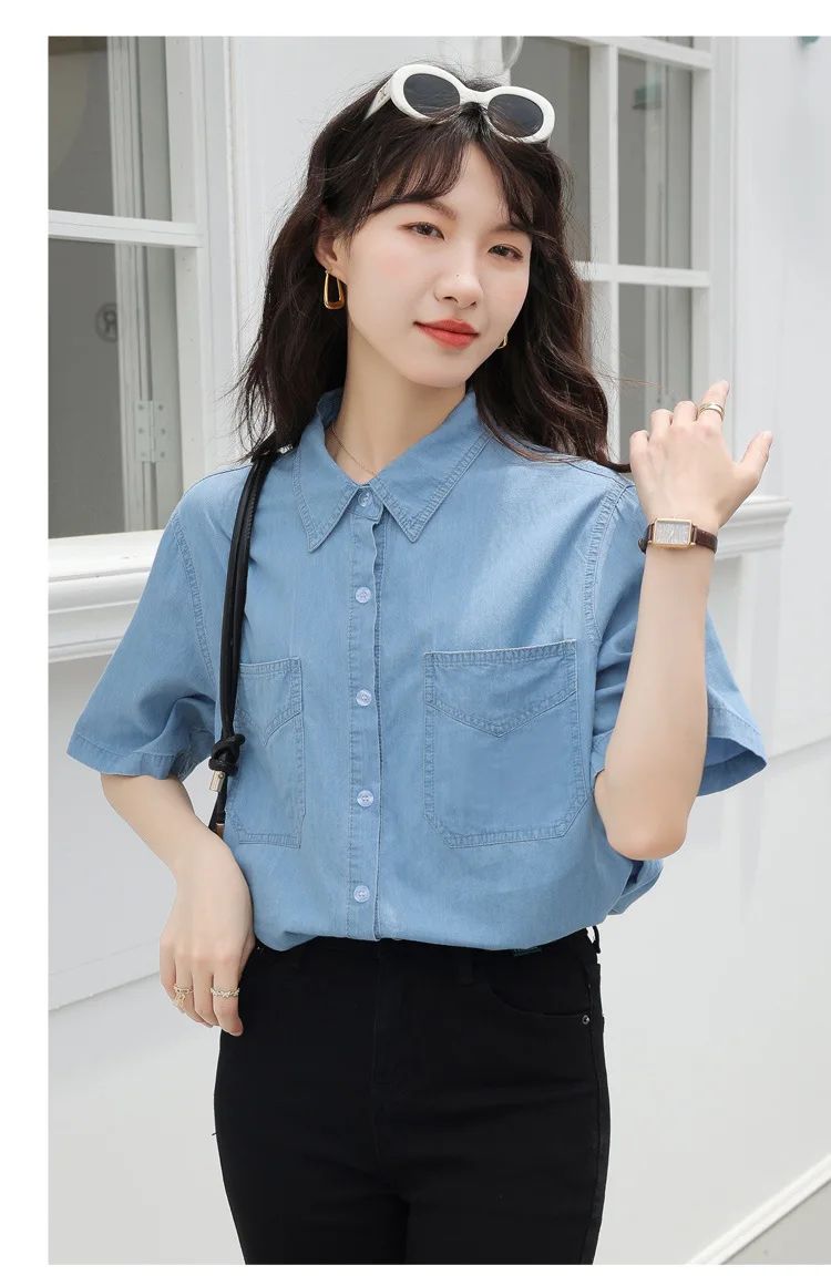 Vintageblueshort Sleeves Thin Denim Shirt 2024 Summer New Casual Loose-Fit Hong Kong Style Petite Top For Women