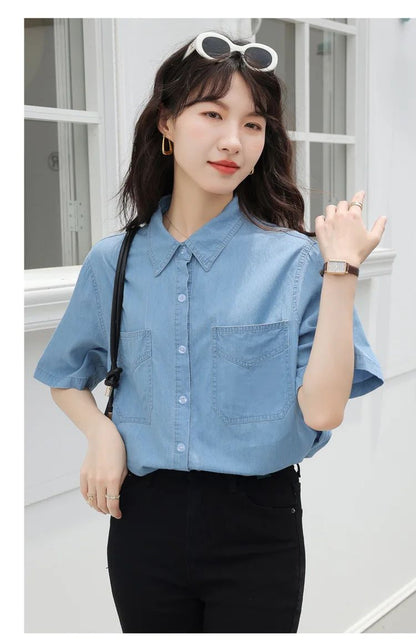 Vintageblueshort Sleeves Thin Denim Shirt 2024 Summer New Casual Loose-Fit Hong Kong Style Petite Top For Women