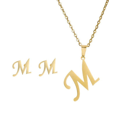 Conjunto Feminino de Colar e Brincos de Aço Inoxidável com Letra Inicial do Alfabeto A-Z - Joias Personalizadas de 26 Letras Inglesas - Presente