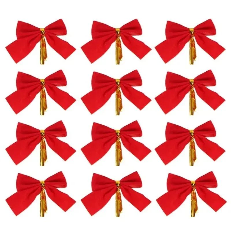 240/12PCS Mini Christmas Bow Ornaments Red Gold Xmas Tree Hanging Pendant DIY Craft New Year Home Party Decoration Bowknot Gifts