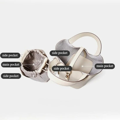 Genuine Leather Shoulder Bucket Bag Women Litchi Pattern Mini Basket Tote Soft Handbag Mommy Bride Wedding Bags with Lock