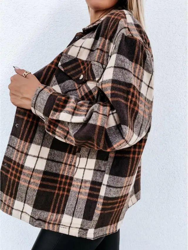 Warm Plaid Long Sleeve Shirt Jacket Autumn Winter Women's Polo Collar Patchwork Decorative Button Detailing Chinese Origin