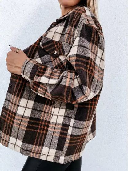 Warm Plaid Long Sleeve Shirt Jacket Autumn Winter Women's Polo Collar Patchwork Decorative Button Detailing Chinese Origin