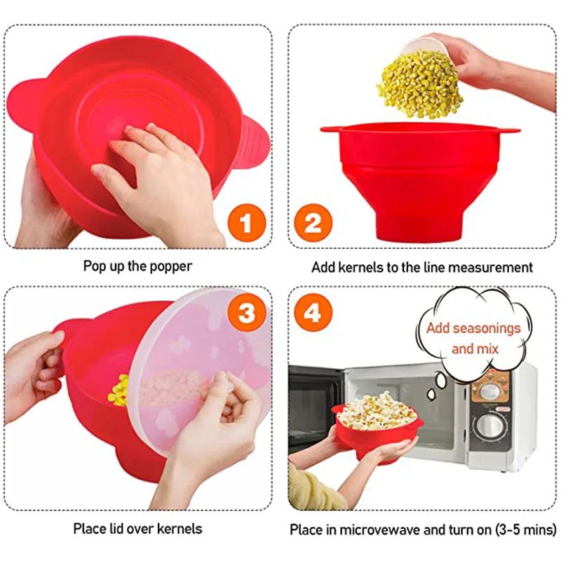 Microwave Silicone Popcorn Maker Food Grade Foldable High Quality Kitchen Easy Tools DIY Make Popcorn Bucket Bowl with Lid Bowls