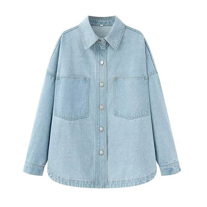 Retro Washed Loose Long Sleeve Women's Denim Shirt Vintage Workwear Style Button up Casual Outerwear from Mainland China