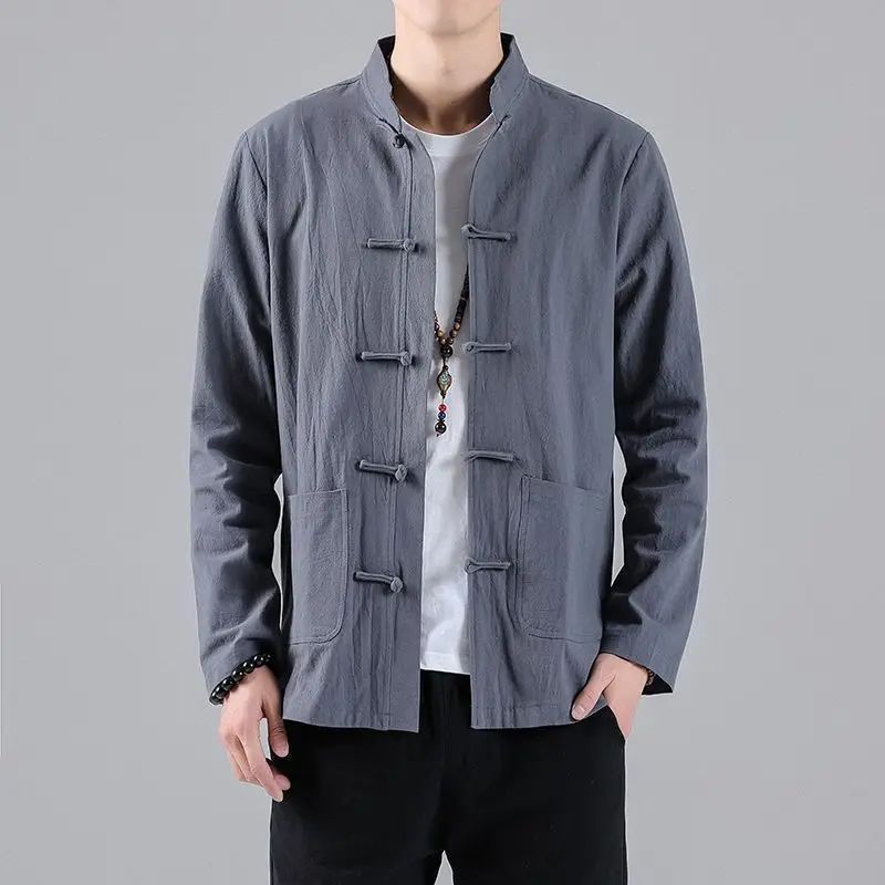 Chinese Style Linen Shirt with Button Design Cotton Linen Spring Autumn New Style Men's Retro Shirt Casual Summer Top