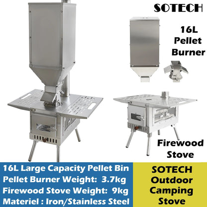 Pellet Burner 16L Storage Capacity Stainless Steel Firewood Stove Outdoor Camping Tent Heating Picnic Cooking