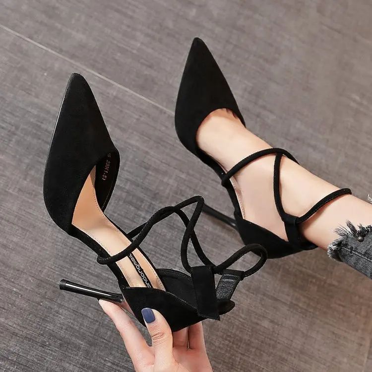 New Cross-strap Roman Sandals Suede High Heels Women's Shoes One-line Buckle Fine Heel Pointed Sandals Zaptos Mujer