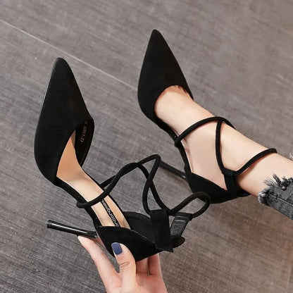 New Cross-strap Roman Sandals Suede High Heels Women's Shoes One-line Buckle Fine Heel Pointed Sandals Zaptos Mujer