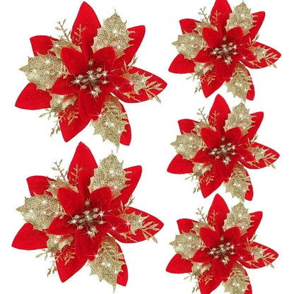 5pcs 14.5cm Glitter Artifical Christmas Flowers Mreey Christmas Tree Decoration Happy New Year Ornaments Xmas Fake Flowers natal