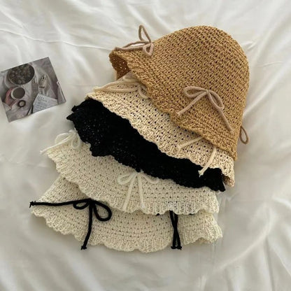 Chapéu de Sol Coreano com Laço de Primavera e Verão, Chapéu Bucket Doce da Moda, Chapéu de Sol Feminino de Palha de Cor Sólida de Malha Respirável para Exteriores