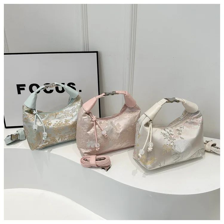 Sweet Embroidery Shoulder Bag Nylon Texture Pearl Pendant Crossbody Bag Small Bucket Handbag Women Canvas Luxury Cheongsam Bag