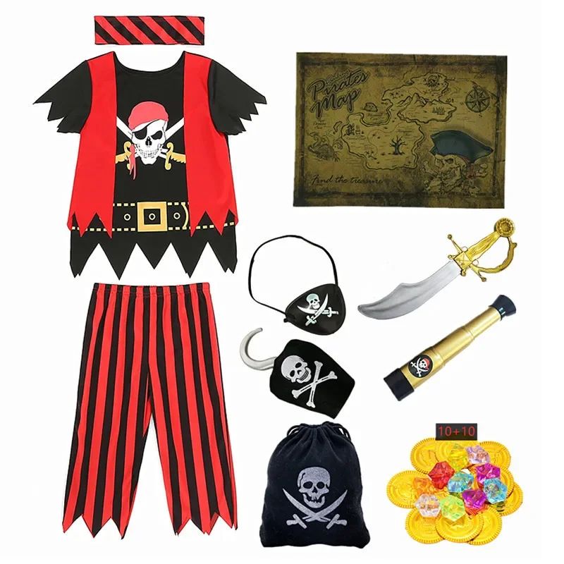Boys Pirate Skull Dress Up Clothes Kids Printed Striped T-Shirt Pants Partywear Captain Jack Adventure Pirate Toys Gifts