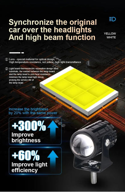Farol de LED Universal para Motocicleta Lente Projetor Duas Cores ATV Scooter Luz de Condução Luz de Neblina Holofote Auxiliar