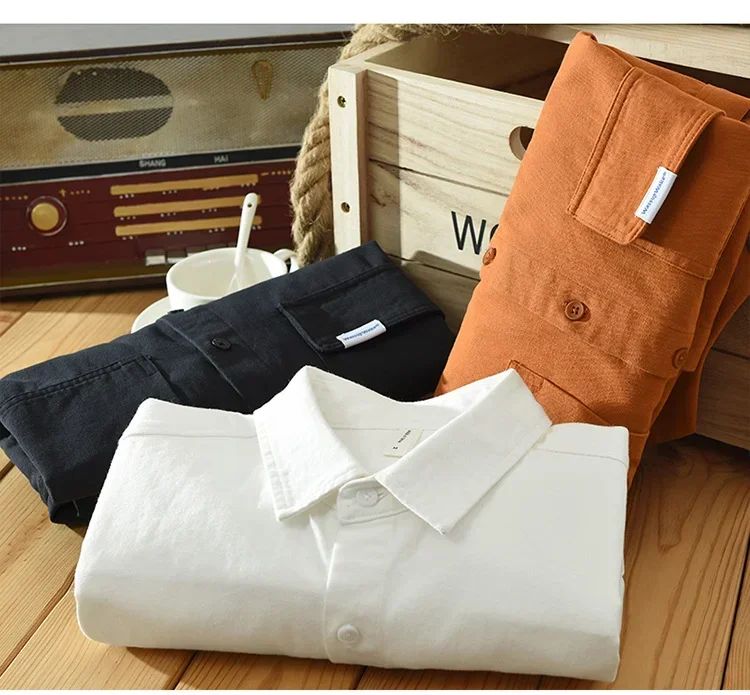 Cargo Shirt Men Spring Autumn Double Pocket Long Sleeve Shirts Male Casual Pure Cotton Orange Shirt Japanese Fashion Loose Shirt