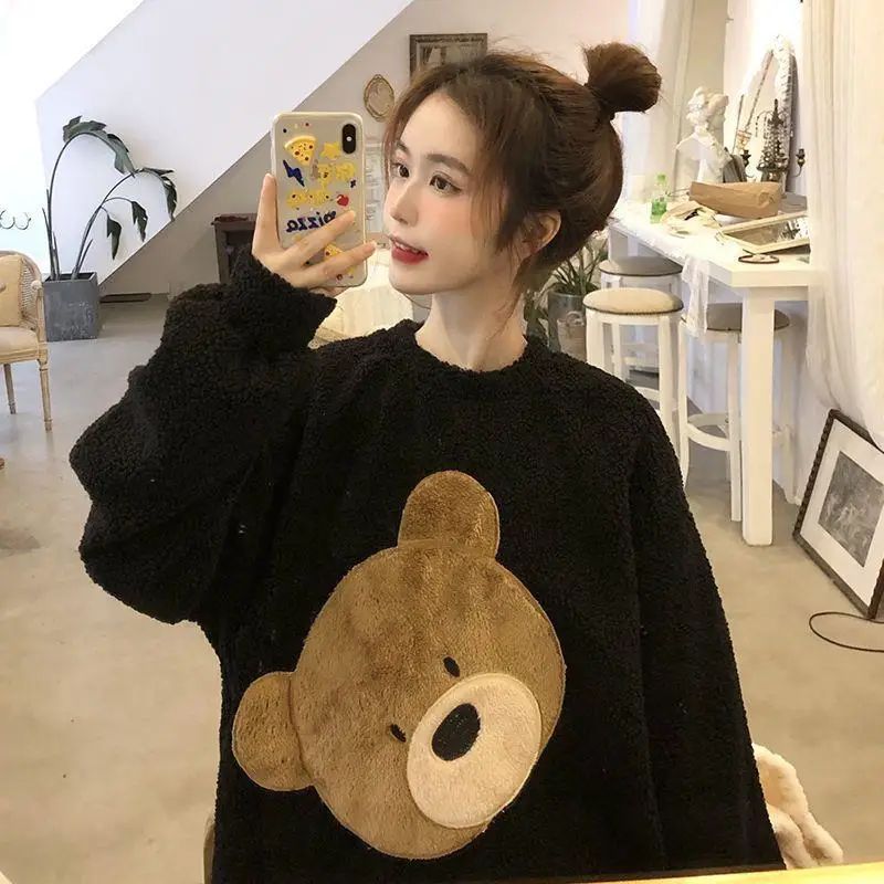 Thickened Warm Women Winter Two Pieces Set Flannel Homewear Pajamas O-Neck Loose Cute Cartoon Bear Ladies Sleepwear Loungewear