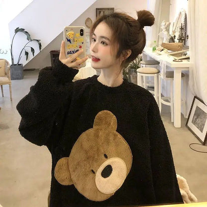 Thickened Warm Women Winter Two Pieces Set Flannel Homewear Pajamas O-Neck Loose Cute Cartoon Bear Ladies Sleepwear Loungewear