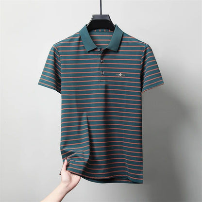 Men's Casual and Fashionable Striped Short Sleeved Polo Shirt Summer Comfortable Sweat Absorbing Breathable and Versatile Top