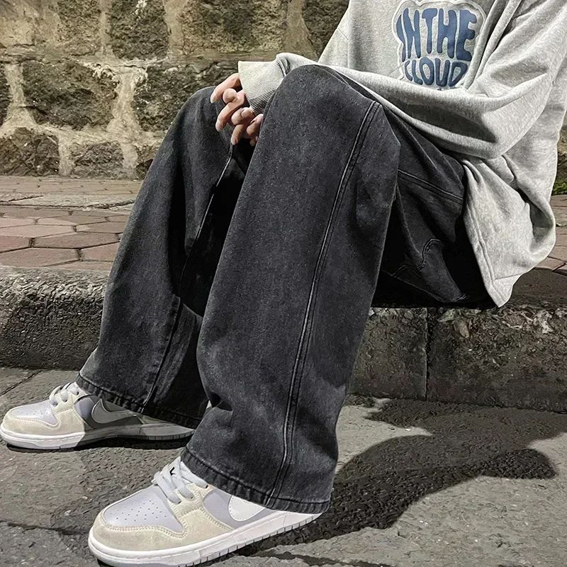 2025 Streetwear Loose Jeans Men Korean Style Fashion Loose Straight Wide Leg Pants Men's New Brand Clothing Black Light Blue