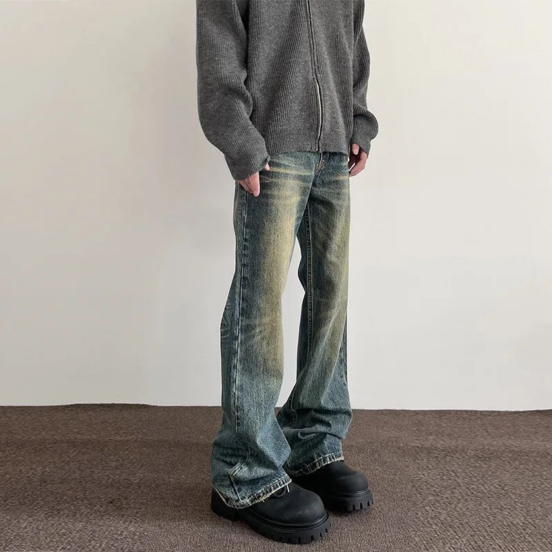 Vintage American Style Men's Straight-Leg Slimming Long Jeans Distressed Washing Denim Pants Trendy Brand Bootcut Pants