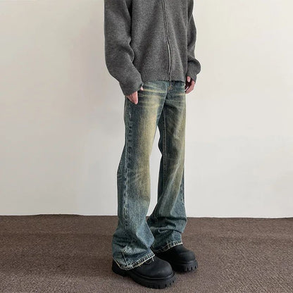 Vintage American Style Men's Straight-Leg Slimming Long Jeans Distressed Washing Denim Pants Trendy Brand Bootcut Pants