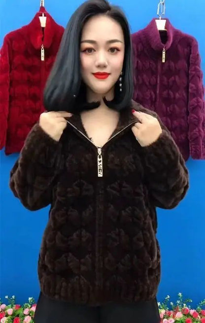 Plus Size Women's Thickened Long Sleeve Faux Mink Coat Autumn Winter Fashionable Jacket for Older Women And Young Mothers