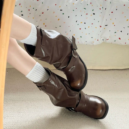 Vintage Thick Heel Women Western Cowboy Boots Fashion Belt Buckle Slip On Shoes Ladies Pleated Short Booties Autumn Winter