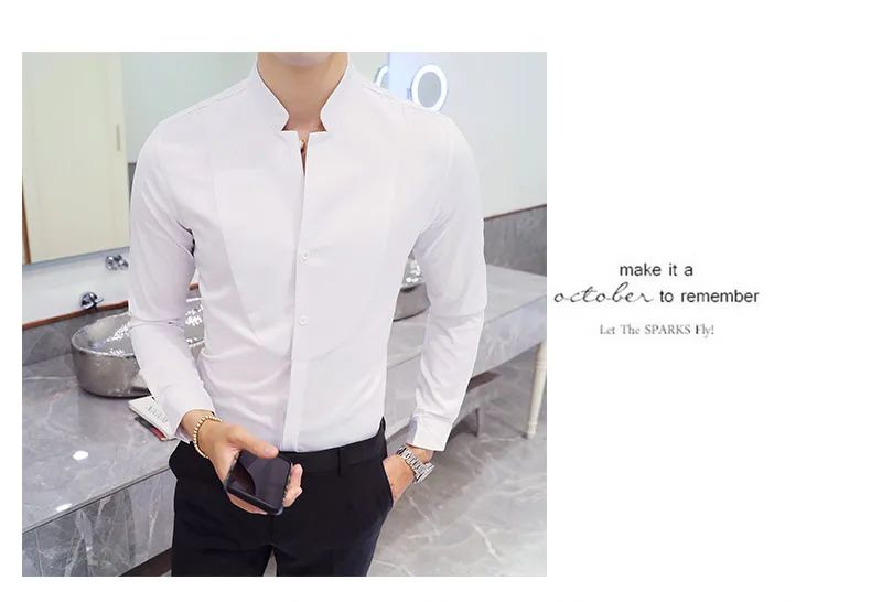 Black Men Long Sleeve Shirt, White Single Breasted Collar Stretch Shirts, Red Fashion Slim Top,Asian Size M-5XL(Korean Slim Fit)