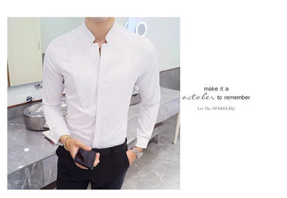 Black Men Long Sleeve Shirt, White Single Breasted Collar Stretch Shirts, Red Fashion Slim Top,Asian Size M-5XL(Korean Slim Fit)