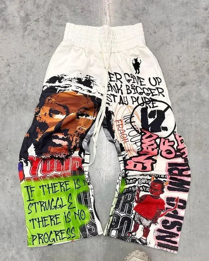 Calça de Moletom Y2K Masculina Feminina Gótica Hip Hop Americana com Patch de Letras Y2K Dupla Camada Larga Elástica na Cintura Calça Jogger Casual