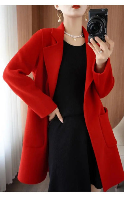 Ladies' Fashionable Woolen Coat Autumn Winter High End Medium Length Leisure Style Woolen Outerwear Pure Color Full Sleeve