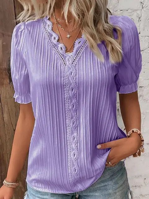 2025 Summer New Women's Blouse Top Solid Sexy V-Neck Hollow Short Sleeve Fashion Splice Plus Size Loose Street Apparel Shirt