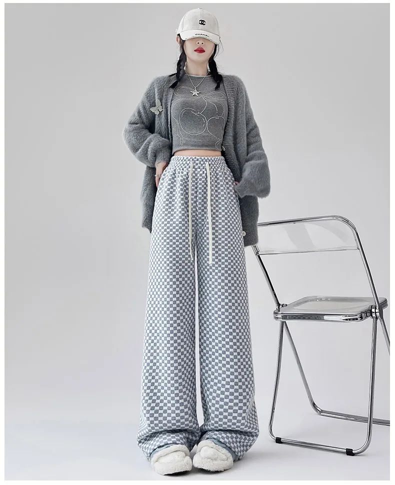 High Waist Wide Leg Pants Women's Autumn Winter New Style Lazy Casual Fleece Woolen Plaid Trousers Fashionable Comfortable