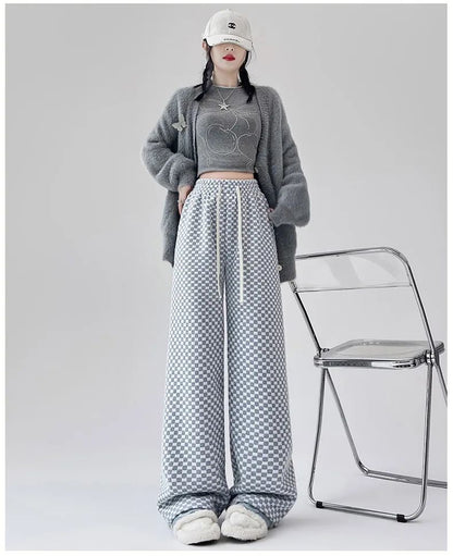 High Waist Wide Leg Pants Women's Autumn Winter New Style Lazy Casual Fleece Woolen Plaid Trousers Fashionable Comfortable