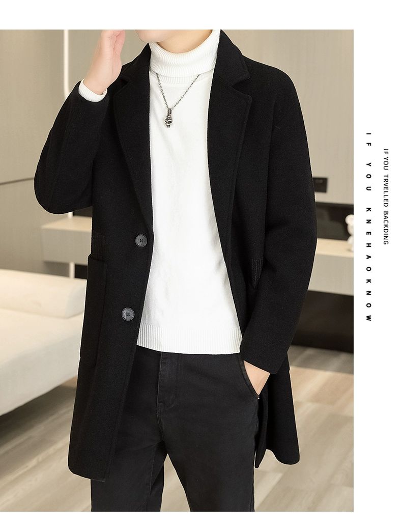 Men's Long Over-the-Knee Trench Coat Youth Black Business Casual Suit Collar Overcoat Mid-Length Trench Coat
