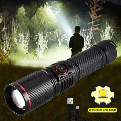 Powerful 30W White Laser Zoom Flashlight Use 18650 or 21700 Battery Rechargeable Torch Outdoor Hunting Emergency Lighting Lamp