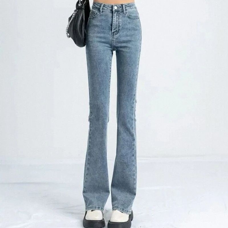 Women Korean Flare Jeans Girls High Waist Elastic Boot Cut Pants Lady Vintage Blue Black Gray Brown Denim Bell Bottom Trousers