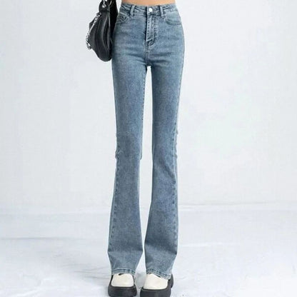 Women Korean Flare Jeans Girls High Waist Elastic Boot Cut Pants Lady Vintage Blue Black Gray Brown Denim Bell Bottom Trousers