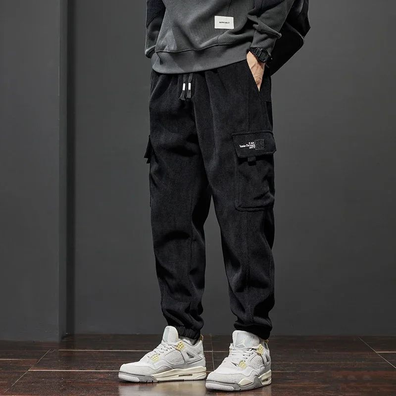 Men's Corduroy Harem Cargo Pants Elastic Waist Casual Joggers Sweatpants Spring Autumn Armygreen Gray Black Trousers Streetwear