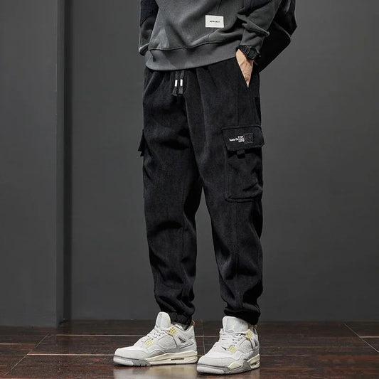 Men's Corduroy Harem Cargo Pants Elastic Waist Casual Joggers Sweatpants Spring Autumn Armygreen Gray Black Trousers Streetwear