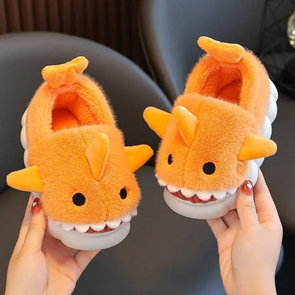 Winter Heel Wrap Cotton Children's Slippers Cute Cartoon Shark Non-slip Soft Sole Kids Boys Girls Junior Warm Plush Home Shoes
