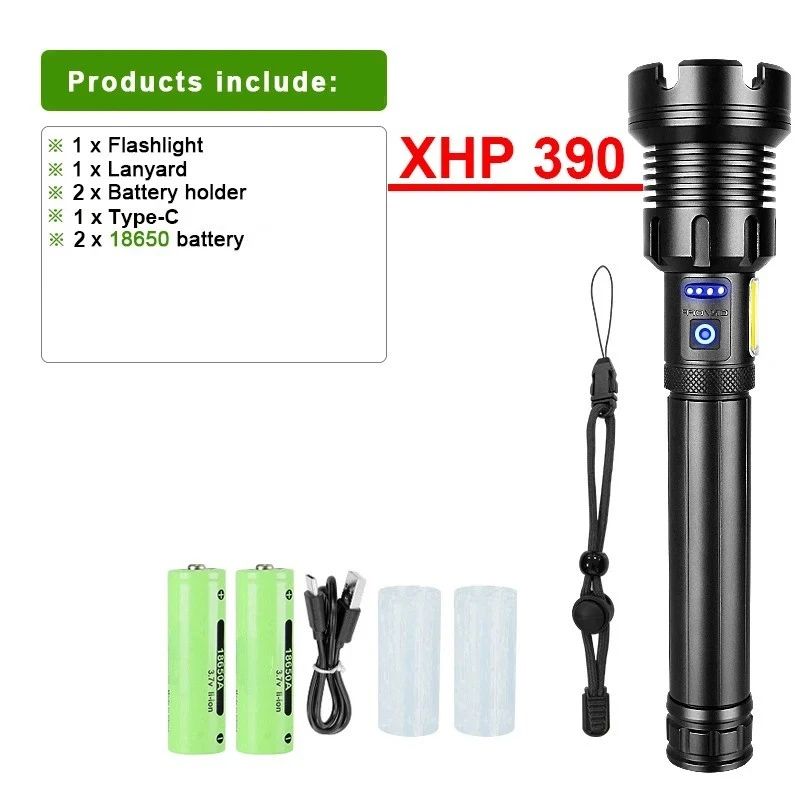 2025 New 15000mAh XHP390 Flashlights 10000000LM Ultra Powerful Flashlight Zoom USB Rechargeable Lantern Outdoor Camping Torch