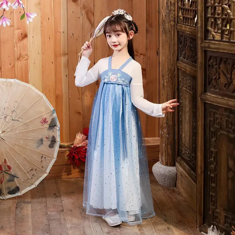 Fashion Girls Dresses Casual Outfit Long Sleeve Hanfu Girl Summer Children Clothes Princess Dress Baby Vestido Kids Tang Costume