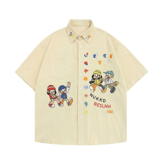 Cartoon Embroidery Cargo Shirts Mens Summer Retro Casual Streetwear Lapel Single Breasted Short Sleeve Shirts Men