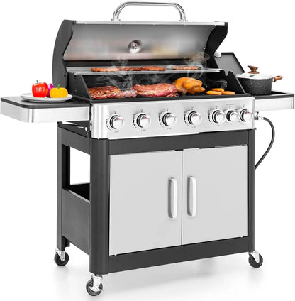 6-Burner Propane Gas Grill, Stainless Steel BBQ Grill with Side Burner and Porcelain-Enameled Cast Iron Grates