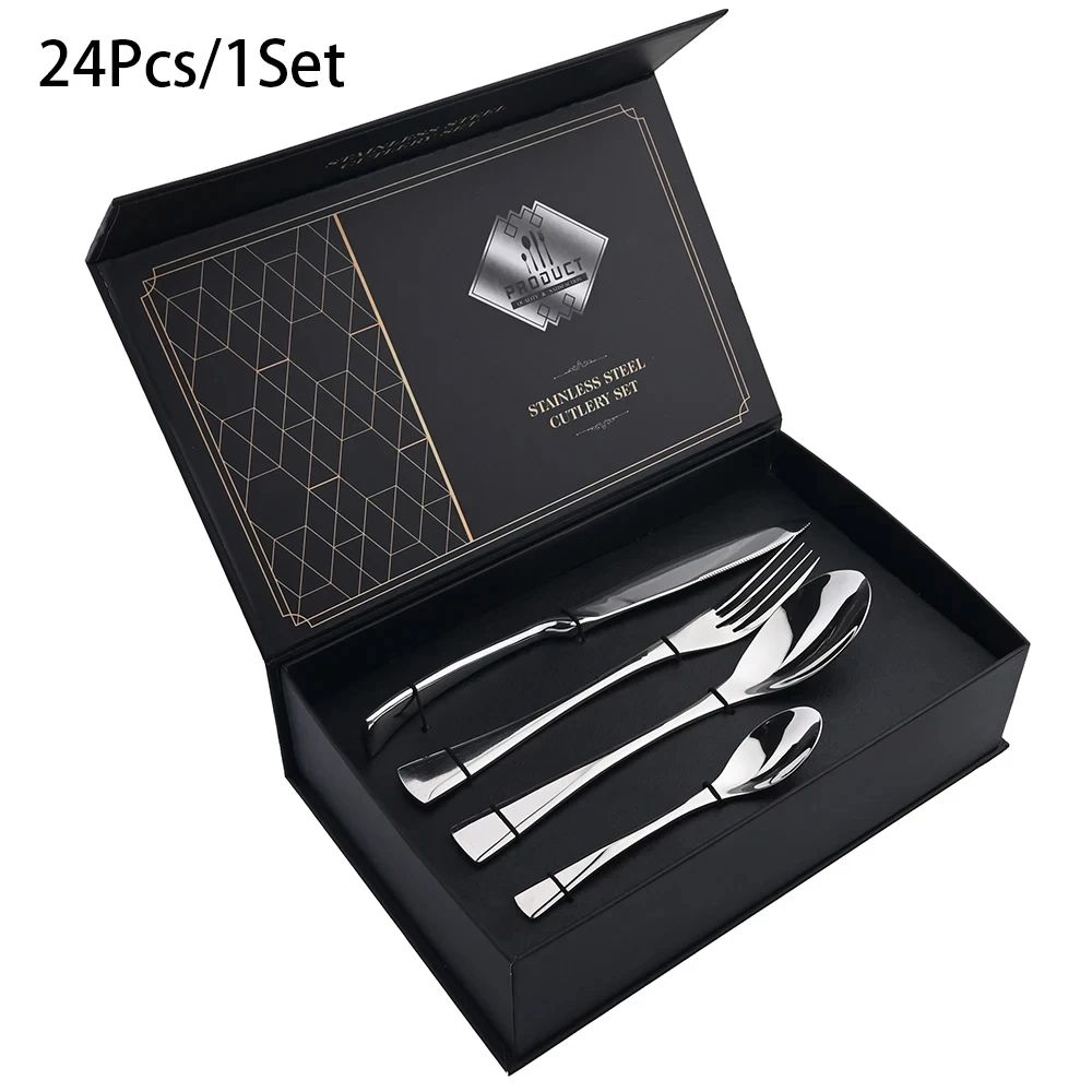 Conjunto de Talheres 24 Peças de Aço Inoxidável 304 Polido Faca Garfo Colher Jogo de Talheres de Cozinha Prata Caixa de Presente