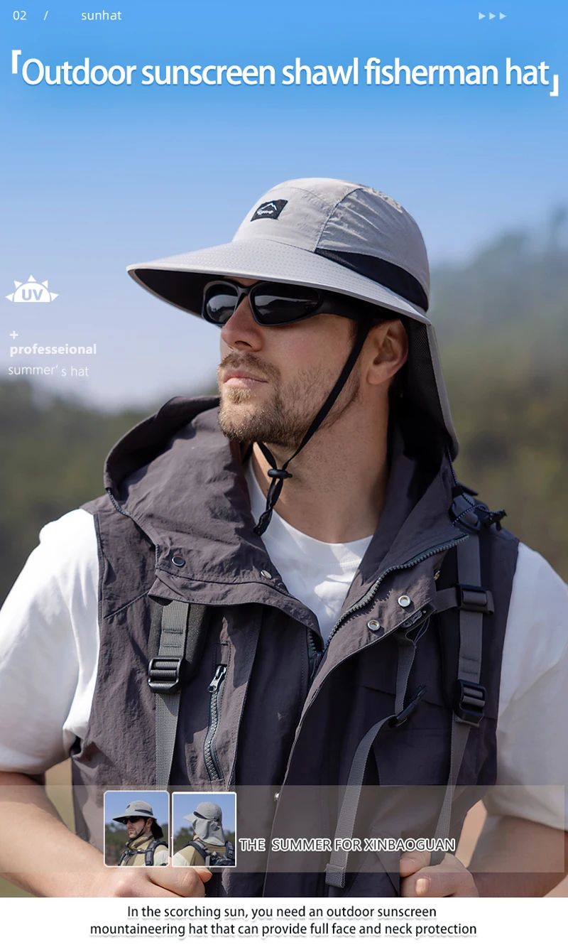 Summer MEN Shawl Fisherman Hat Quick Drying Breathable Sunshade Hat Outdoor Sun Protection Fishing Hat