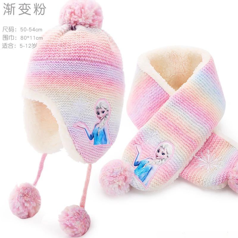 Conjunto infantil de gorro de lã e cachecol com animação da Elsa de Frozen da Disney, desenho animado, inverno, forro de veludo, espesso para manter aquecido