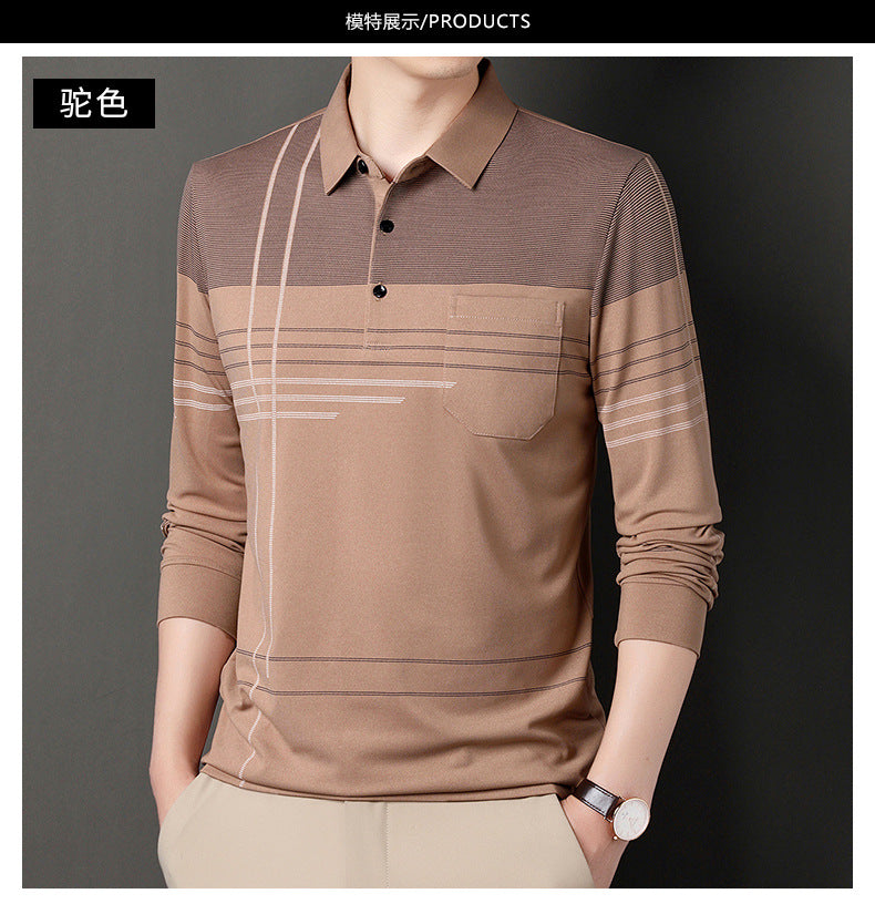 New Men's Polo Shirt Long-sleeved Polos Shirt Lapel Fashion Spring and Autumn Thin Shirt Casual Loose Tops Striped Streetwear