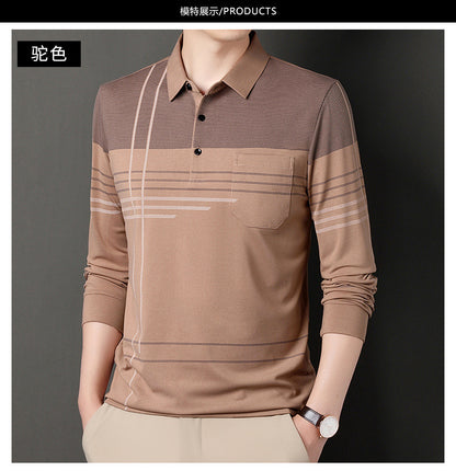 New Men's Polo Shirt Long-sleeved Polos Shirt Lapel Fashion Spring and Autumn Thin Shirt Casual Loose Tops Striped Streetwear